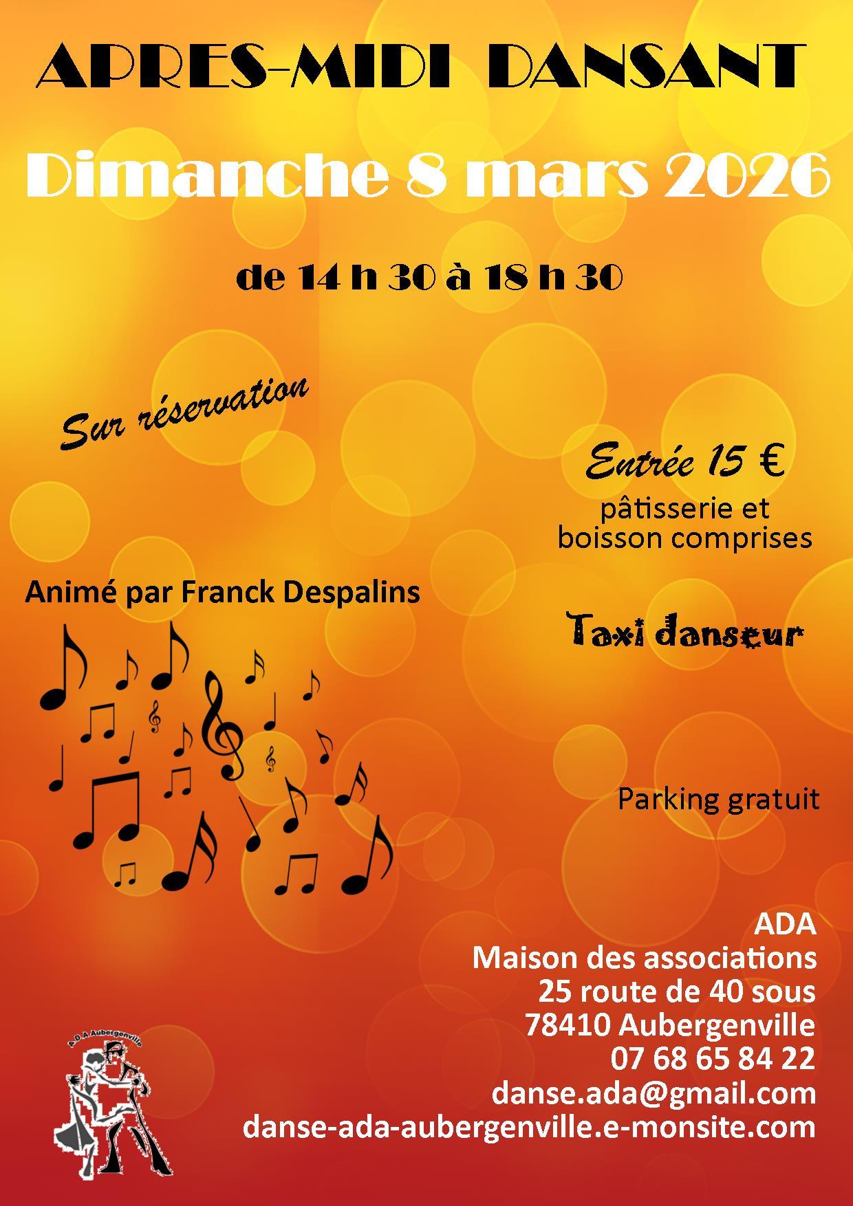 Affiche ADA — Après-midi dansant, 8 mars 2026 · 14h30–18h30